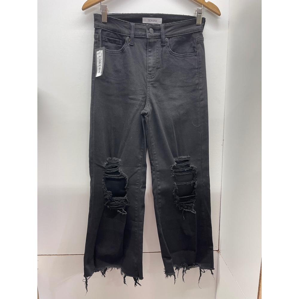 Zenana Womens Distressed Wide Leg Jeans Black High Rise Raw Hem Size S NWT